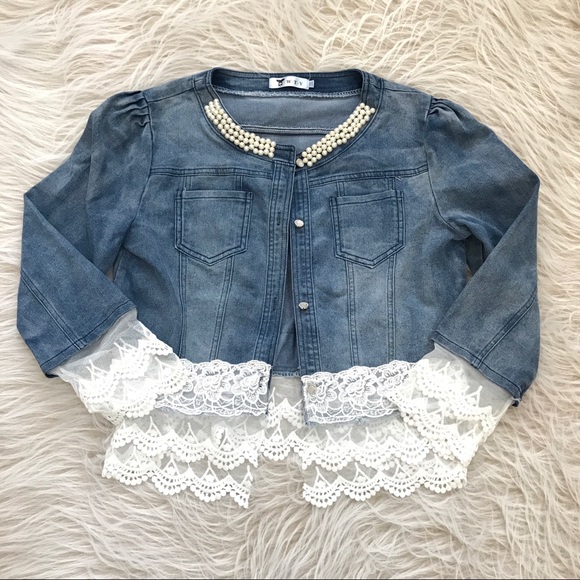 denim jacket with lace and pearls